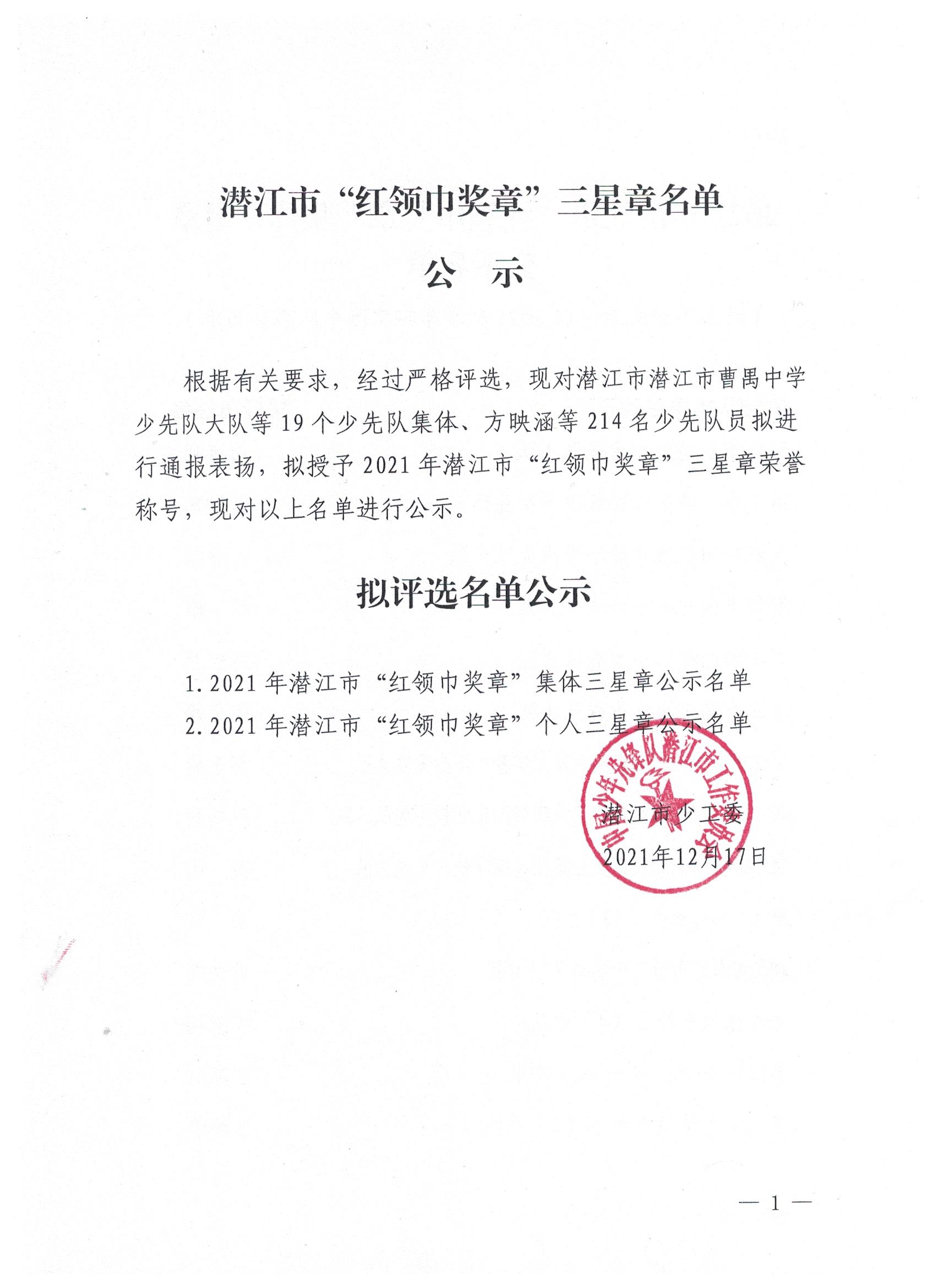 潜江市“红领巾奖章”三星章名单公示